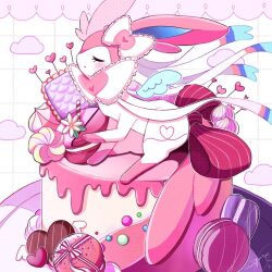 Rule 34 | blush, bow, bowtie, cake, candy, chocolate, chocolate heart, closed eyes, closed mouth, creatures (company), flower, food, frilled bow, frills, game freak, gen 6 pokemon, grid background, heart, macaron, mochopaccho, nintendo, pink bow, pink bowtie, pink ribbon, plate, pokemon, pokemon (creature), ribbon, sweets, sylveon, wafer stick, whipped cream