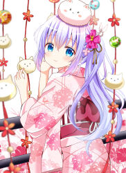 Rule 34 | 1girl, angora rabbit, animal, animal on head, blue eyes, blue hair, closed mouth, commentary request, floral background, floral print, flower, from behind, gochuumon wa usagi desu ka?, hair flower, hair ornament, highres, japanese clothes, kafuu chino, kimono, long hair, long sleeves, looking at viewer, looking back, obi, on head, pink flower, pink kimono, rabbit, rabbit hair ornament, ryoutan, sash, side ponytail, smile, tippy (gochiusa), very long hair, white background