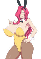 Rule 34 | 1girl, animal ears, areola slip, bare shoulders, blue eyes, blush, bow, bowtie, breasts, brown pantyhose, cameltoe, cleavage, cleft of venus, detached collar, fake animal ears, hair over one eye, hand on own hip, huge breasts, league of legends, leotard, long hair, looking at viewer, miss fortune (league of legends), nail polish, pantyhose, pink hair, playboy bunny, rabbit ears, smile, solo, wrist cuffs, zetxsuna