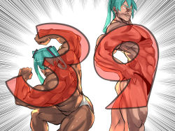 Rule 34 | 2girls, 39, abs, aqua hair, asutora, bikini, black bra, black panties, bra, closed mouth, commentary request, dual persona, emphasis lines, from side, gachimuchi pants wrestling, hatsune miku, looking at viewer, looking to the side, micro bikini, multiple girls, muscular, muscular female, no pupils, panties, parody, smile, squatting, standing, swimsuit, twintails, underwear, vocaloid, white panties, wrestling (series)