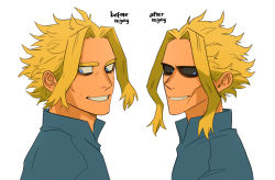 Rule 34 | 1boy, all might, black sclera, blonde hair, blue eyes, boku no hero academia, colored sclera, english text, from side, green shirt, grin, looking at viewer, looking to the side, male focus, multiple views, parted bangs, portrait, shirt, short hair, simple background, smile, teeth, trevo (trevoshere), white background