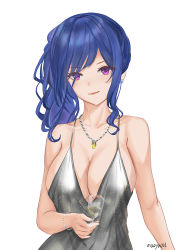 Rule 34 | 1girl, alcohol, azur lane, backless dress, backless outfit, bare shoulders, blue hair, bracelet, breasts, cleavage, closed mouth, cup, dress, earrings, evening gown, grey dress, hair between eyes, hair ornament, hairclip, halter dress, halterneck, holding, holding cup, jewelry, large breasts, looking at viewer, maoyao-ll, nail polish, necklace, pink eyes, plunging neckline, revealing clothes, sidelocks, silver dress, smile, st. louis (azur lane), st. louis (luxurious wheels) (azur lane)