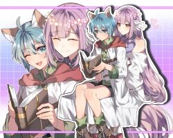 Rule 34 | 1boy, 1girl, animal ears, blue eyes, blue hair, book, cat ears, closed mouth, commission, indie virtual youtuber, lab coat, leon geeste, long hair, nail polish, one eye closed, open mouth, saba miso, short hair, shorts, smile, star ocean, star ocean the second story, virtual youtuber