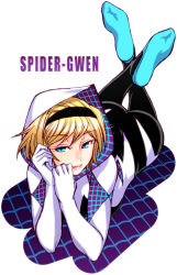 Rule 34 | 1girl, animification, ass, blonde hair, blue eyes, bodysuit, character name, chiba toshirou, crossed legs, feet, full body, gloves, gwen stacy, hairband, head rest, headband, hood, hooded bodysuit, hoodie, legs up, light smile, lips, looking at viewer, lying, marvel, on stomach, own hands together, short hair, silk, smile, solo, spider-gwen, spider-man (series), spider web, spider web print, superhero costume, thigh gap