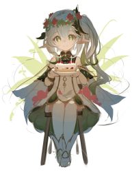 Rule 34 | 1girl, bare shoulders, boots, cake, chair, closed mouth, cross-shaped pupils, detached sleeves, dress, flower, food, gem, genshin impact, green eyes, green gemstone, green hair, grey dress, grey footwear, grey hair, hair between eyes, hair flower, hair ornament, hands up, head wreath, highres, leaf, leaf hair ornament, long hair, looking at viewer, lumo 1121, mandarin collar, multicolored hair, nahida (genshin impact), petals, pink flower, plate, pointy ears, ponytail, short sleeves, side ponytail, simple background, sitting, smile, solo, symbol-shaped pupils, two-tone hair, white background