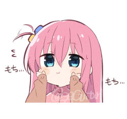 Rule 34 | 1girl, blue eyes, blush, bocchi the rock!, cube hair ornament, expressive hair, female pov, gotoh hitori, hair between eyes, hair ornament, jacket, kita ikuyo, long hair, long sleeves, looking at viewer, one side up, pink hair, pink jacket, pov, pov hands, shigure (sigre), simple background, track jacket, white background