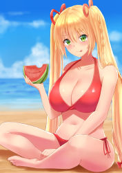 Rule 34 | .live, :p, beach, bikini, blonde hair, blurry, blurry background, breasts, cleavage, collarbone, food, fruit, green eyes, hair between eyes, hair ornament, highres, kongou iroha, large breasts, looking at viewer, navel, ocean, sand, sitting, sky, solo, swimsuit, tipo (tipoplaza), tongue, tongue out, twintails, virtual youtuber, watermelon