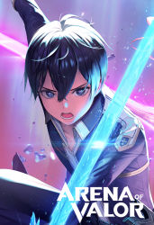 Rule 34 | 1boy, absurdres, arena of valor, arm up, black hair, black jacket, black pants, blue eyes, collared jacket, dual wielding, hair between eyes, highres, holding, holding sword, holding weapon, hyulla, jacket, kirito, long sleeves, looking at viewer, male focus, open mouth, outstretched arm, pants, short hair, solo, sword, sword art online, v-shaped eyebrows, weapon, wing collar