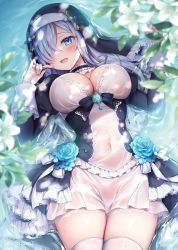 Rule 34 | 1girl, :d, black dress, blue eyes, blue flower, blue rose, blush, breasts, cleavage, commentary request, covered navel, dress, flower, grey hair, habit, hair over one eye, hands up, juliet sleeves, large breasts, long sleeves, lying, mitsuba choco, nun, on back, open mouth, original, puffy sleeves, rose, see-through, shallow water, smile, solo, thighhighs, veil, water, white dress, white thighhighs