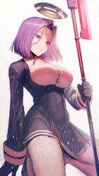Rule 34 | 1girl, :o, absurdres, bad id, bad pixiv id, black gloves, breasts, buttons, glaive (polearm), gloves, hair intakes, halo, headgear, highres, holding, holding weapon, kantai collection, long sleeves, mechanical halo, navel, open mouth, polearm, purple eyes, purple hair, red ribbon, ribbon, school uniform, short hair, solo, tatsuta (kancolle), thighs, wakahiko, weapon, white background
