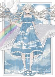 Rule 34 | 1girl, ankle socks, balloon, bity3155660241, blue dress, blue footwear, blue sky, blue sleeves, border, bow, closed mouth, cloud print, commentary request, day, dress, dress bow, earrings, eyelashes, floating hair, frilled hairband, frilled socks, frills, full body, grey eyes, hair bow, hairband, holding, holding balloon, jewelry, lace, lace-trimmed dress, lace-trimmed sleeves, lace trim, long hair, looking at viewer, mary janes, medium dress, original, outside border, planet earrings, pleated dress, puddle, rain, rainbow, sample watermark, shoes, short sleeves, sky, sky print, smile, socks, solo, sphere earrings, straight-on, sun, very long hair, watermark, wavy hair, whale, white border, white bow, white hair, white hairband, white socks