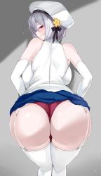 Rule 34 | 1girl, absurdres, alicia renato (yashiro sousaku), ass, bare shoulders, bent over, blue skirt, blush, breasts, closed mouth, commission, from behind, garter straps, grey background, hat, highres, large breasts, looking at viewer, looking back, maruyaa (malya1006), miniskirt, original, panties, pleated skirt, red eyes, red panties, simple background, skirt, smile, thighhighs, thighs, underwear, white hair, white hat, white thighhighs