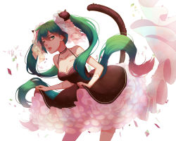 Rule 34 | 1girl, cat hair ornament, cat tail, dress, fang, gloves, green eyes, green hair, hair ornament, hatsune miku, highres, kogomei, leaning forward, long hair, looking at viewer, matching hair/eyes, open mouth, petticoat, skirt hold, solo, tail, tongue, twintails, very long hair, vocaloid, white background