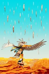 1boy animal_hat bird_hat blue_sky braid brown_wings canyon desert eda fake_wings falling_feathers feathered_wings feathers flying full_body green_hair hat headdress highres long_hair male_focus native_american original outdoors sky solo twin_braids very_long_hair wings