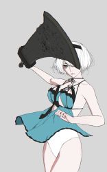 Rule 34 | 1girl, black blindfold, blindfold, breasts, closed mouth, commentary, cosplay, d.k, hairband, kaine (nier), kaine (nier) (cosplay), looking at viewer, mole, mole under mouth, nier, nier (series), nier:automata, short hair, silver hair, simple background, solo, sword, weapon, 2b (nier:automata)