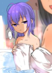 Rule 34 | +++, 2girls, :d, ahoge, black hair, blurry, blurry foreground, breast envy, character request, depth of field, goldowl, hair between eyes, head out of frame, highres, long hair, multiple girls, mushoku tensei, naked towel, open mouth, parted lips, partially submerged, purple eyes, purple hair, roxy migurdia, smile, solo focus, towel, water, wet