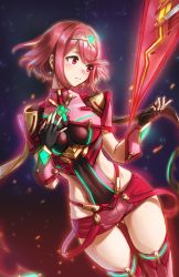 Rule 34 | 1girl, athenawyrm, black gloves, blush, breasts, commentary, covered navel, fingerless gloves, gloves, gluteal fold, hand on own chest, large breasts, looking to the side, nintendo, parted lips, pyra (xenoblade), red eyes, red hair, red thighhighs, short hair, short shorts, shorts, sidelocks, solo, thighhighs, tiara, xenoblade chronicles (series), xenoblade chronicles 2