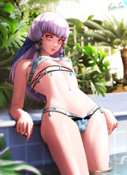 Rule 34 | 1girl, bikini, blue bikini, breasts, esther shen, fire emblem, fire emblem: three houses, grey hair, hair ornament, leaning back, long hair, looking at viewer, lysithea von ordelia, nail polish, navel, nintendo, paid reward available, parted lips, pink nails, poolside, print bikini, red eyes, red lips, shiny skin, signature, small breasts, solo, swimsuit, underboob, very long hair, wading