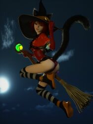 Rule 34 | 3d, animal ears, breasts, capelet, cat ears, cat girl, cat tail, fang, hat, highres, kneehighs, leotard, medium breasts, nathy, petite, short hair, small breast, socks, tail, thighs, witch, witch hat, zafo