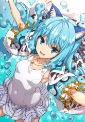 Rule 34 | 1girl, :d, animal ears, armpits, blue eyes, blue hair, breasts, casual one-piece swimsuit, cat ears, collarbone, covered navel, hair between eyes, highres, inflatable armbands, jewelry, looking at viewer, necklace, nijisanji, nyatsuki (virtuareal), one-piece swimsuit, open mouth, outstretched arms, pendant, short hair, small breasts, smile, solo, swimsuit, tauyuki saema, virtual youtuber, virtuareal, water, water drop