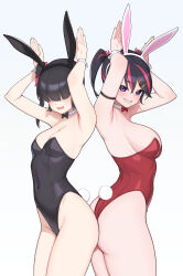 Rule 34 | 2girls, absurdres, animal ears, ariduka anto, ariduka formica, armpits, arms up, ass, ass-to-ass, bare shoulders, black hair, black leotard, blush, breasts, covered navel, cowboy shot, detached collar, fake animal ears, hair between eyes, hair ornament, highleg, highleg leotard, highres, houkago shounen, large breasts, leotard, long hair, looking at viewer, mole, multicolored hair, multiple girls, pink hair, playboy bunny, purple eyes, rabbit ears, rabbit pose, rabbit tail, red hair, red leotard, revision, short hair, small breasts, smile, standing, strapless, strapless leotard, streaked hair, tail, teeth, thighs, twintails, two-tone hair, virtual ant channel, virtual youtuber, white background