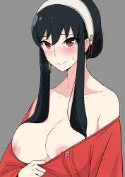 Rule 34 | 1girl, bare shoulders, black hair, blush, breasts, cleavage, earrings, grey background, h2o (ddks2923), hairband, highres, jewelry, long hair, looking at viewer, nipples, red eyes, simple background, smile, solo, spy x family, sweatdrop, yor briar
