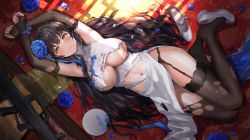 Rule 34 | 1girl, absurdres, armpits, arms up, assault rifle, bare shoulders, black hair, blue flower, blue ribbon, bound, bound wrists, breasts, bridal gauntlets, brown thighhighs, bullpup, china dress, chinese clothes, cleavage, dress, flower, garter belt, girls&#039; frontline, gun, hair flower, hair ornament, hand fan, highres, large breasts, long hair, looking at viewer, lying, navel, no bra, no panties, official alternate costume, on back, paper fan, pelvic curtain, petals, qbz-95, restrained, revealing clothes, ribbon, rifle, sakamuke, shoes, sleeveless, sleeveless dress, smile, solo, thighhighs, thighs, torn clothes, torn dress, torn thighhighs, type 95 (girls&#039; frontline), type 95 (narcissus) (girls&#039; frontline), underboob, very long hair, weapon, white dress, white footwear, yellow eyes