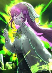 Rule 34 | absurdres, asakura rikako, beaker, black pants, bow, bowtie, explosion, glasses, highres, holding, holding pen, lab coat, laboratory, long hair, looking at viewer, looking over eyewear, pants, pen, purple eyes, purple hair, rinkaito1231, shirt, stained clothes, test tube, touhou, white shirt, yellow bow, yellow bowtie