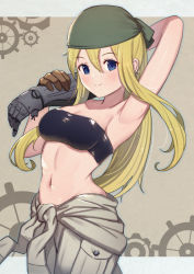 Rule 34 | 1girl, arm behind head, arm up, automail, bandeau, blonde hair, blue eyes, blush, breasts, brown background, cleavage, closed mouth, commentary request, crop top, ear piercing, fullmetal alchemist, glint, highres, jumpsuit, jumpsuit around waist, long hair, mechanical arms, medium breasts, navel, piercing, ponytail, revision, sidelocks, single mechanical arm, smile, solo, strapless, tube top, uneg, winry rockbell