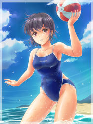 1girl arm_up bad_id bad_pixiv_id ball bare_shoulders beach beachball black_hair blue_sky breasts brown_eyes cloud competition_school_swimsuit competition_swimsuit covered_erect_nipples day female_focus holding holding_ball looking_at_viewer medium_breasts ocean one-piece_swimsuit open_mouth original outdoors outstretched_arm parted_lips school_swimsuit short_hair sky smile soaking_feet solo standing swimsuit tamanegiinyo wading water water_drop waves wet