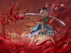Rule 34 | 1girl, alternate costume, blood, hell, looking to the side, meandros, petroleum, spoon, sunken fossil world, touhou, toutetsu yuuma, zhuxie1264852