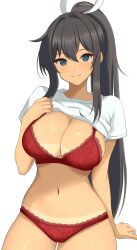 Rule 34 | 1girl, arm at side, bikini tan, black hair, blue eyes, bra, breasts, cleavage, closed mouth, clothes lift, commentary request, cowboy shot, floral print, hair between eyes, hair intakes, hair ribbon, hand on own chest, hand up, high ponytail, highres, homura (senran kagura), lace, lace-trimmed bra, lace-trimmed panties, lace trim, large breasts, lifted by self, long hair, looking at viewer, navel, no pants, panties, ponytail, print bra, print panties, red bra, red panties, ribbon, senran kagura, shirt, shirt lift, short sleeves, sidelocks, simple background, sitting, smile, solo, stomach, surippa1010, tan, tanline, underwear, very long hair, white background, white ribbon, white shirt