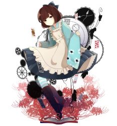 Rule 34 | 1girl, apron, axis powers hetalia, bad id, bad pixiv id, black footwear, blue dress, blush, book, boots, bow, brown eyes, brown hair, card, clock, cross-laced footwear, dress, floral print, flower, full body, genderswap, genderswap (mtf), hair bow, japan (hetalia), lace-up boots, lolita fashion, momo (pixiv artist), no nose, pantyhose, patterned legwear, playing card, roman numeral, short hair, simple background, solo, spider lily, striped clothes, striped legwear, striped pantyhose, white background