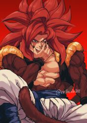 Rule 34 | 1boy, absurdres, biceps, black wristband, blue eyes, blue sash, body fur, dragon ball, dragon ball gt, gogeta, highres, looking at viewer, male focus, metamoran vest, monkey boy, monkey tail, muscular, muscular male, no nipples, pants, pectorals, red hair, relio db318, sash, simple background, smile, solo, spiked hair, super saiyan, super saiyan 4, tail, veins, veiny hands, white pants