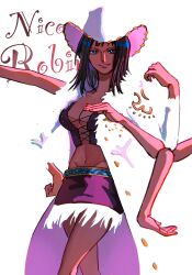 Rule 34 | 1girl, black hair, blue eyes, character name, coat, commentary, cowboy hat, cowboy shot, crop top, cross-laced clothes, cross-laced top, extra arms, hana hana no mi, hat, highres, long coat, looking at viewer, medium hair, miniskirt, nico robin, nico robin (alabasta), one piece, petals, purple shirt, shirt, skirt, smile, solo, white background, white coat, white hat, yoki (ricardo blue73)