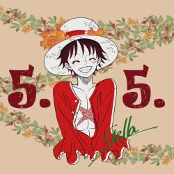 Rule 34 | 1boy, ^ ^, black hair, closed eyes, commentary request, dated, flower, happy, hat, highres, monkey d. luffy, one piece, open clothes, open shirt, red shirt, scar, scar on chest, scar on face, shirt, short hair, signature, smile, solo, stella opasl, straw hat, teeth, upper body