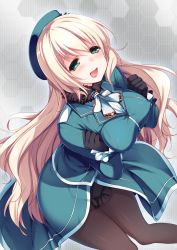 Rule 34 | 10s, 1girl, atago (kancolle), black gloves, black pantyhose, blonde hair, blush, breasts, covered erect nipples, fur trim, gloves, green eyes, hat, hex grid, honeycomb (pattern), honeycomb background, honeycomb pattern, houndstooth, itou nanami, kantai collection, large breasts, long hair, open mouth, pantyhose, solo, uniform, very long hair