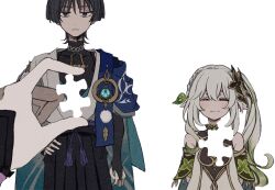 Rule 34 | 1boy, 1girl, aqua sleeves, armlet, arms behind back, bare shoulders, black bodysuit, black bow, black eyes, black hair, black shorts, blue cape, blush, bodysuit, bow, braid, bridal gauntlets, cape, closed eyes, closed mouth, collarbone, detached sleeves, double-parted bangs, dress, expressionless, feathers, genshin impact, gold, gold ring, gold trim, gradient hair, green hair, hair between eyes, hair ornament, hakama, hakama shorts, hand on own hip, highres, holding puzzle piece, japanese clothes, jewelry, kimono, layered clothes, layered kimono, layered sleeves, leaf, leaf hair ornament, mandarin collar, marmochi, middle ring, multicolored hair, nahida (genshin impact), open clothes, open kimono, pointy ears, pom pom (clothes), puzzle piece, ring, scaramouche (genshin impact), short sleeves, shorts, side braid, side ponytail, sidelocks, single braid, smile, standing, tanamigohan, tassel, vision (genshin impact), wanderer (genshin impact), white background, white dress, white hair, white kimono