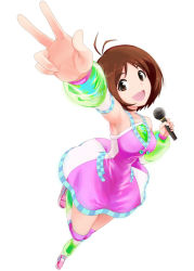 Rule 34 | 00s, 1girl, antenna hair, arm up, armpits, bare shoulders, brown eyes, brown hair, cosmic &amp; funny (idolmaster), female focus, foreshortening, full body, hidaka ai, idolmaster, idolmaster dearly stars, issei, microphone, open mouth, short hair, simple background, smile, solo, v, white background