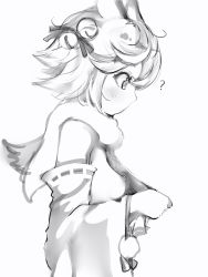 Rule 34 | 1girl, ?, animal ears, azur lane, bad id, bad pixiv id, bare shoulders, bell, breasts, closed mouth, detached sleeves, from side, fubuki (azur lane), greyscale, hair bell, hair ornament, highres, jingle bell, long sleeves, looking down, monochrome, nanashi (nlo), nipples, profile, short hair, simple background, small breasts, solo, standing, upper body, white background, wide sleeves