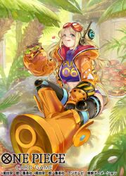 Rule 34 | 1girl, :q, black gloves, blonde hair, boots, breasts, burger, crop top, double bun, food, freckles, gloves, goggles, green eyes, hair bun, headgear, highres, jacket, large breasts, long hair, long sleeves, official art, one piece, orange footwear, orange jacket, pisuke, sitting, smile, solo, tongue, tongue out, twintails, vegapunk york, very long hair