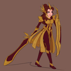Rule 34 | 1girl, armor, beauty and the beast, belle (disney), brown hair, crossover, disney, dreemers, league of legends, leona (league of legends), riot games, shield, simple background, solo, sword, weapon
