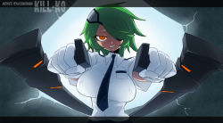 Rule 34 | 1girl, :d, aiming, aiming at viewer, bad id, bad pixiv id, bladed tonfa, breasts, character name, covered erect nipples, english text, eyepatch, fourth wall, gloves, green hair, hair ornament, hair over one eye, impossible clothes, impossible shirt, large breasts, letterboxed, looking at viewer, necktie, open mouth, orange eyes, otonashi kiruko, ringed eyes, shinmai fukei kiruko-san, shirt, short hair, simple background, skirt, smile, solo, spacezin, tonfa, uniform, upper body, weapon, white background