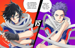 Rule 34 | 2boys, alternate universe, black gloves, black hair, blue shirt, boku no hero academia, commentary, english commentary, english text, eraser head (boku no hero academia), fingerless gloves, gloves, grey hair, grey scarf, hair between eyes, highres, looking at another, male focus, multicolored hair, multiple boys, purple background, purple hair, red shirt, scarf, shinsou hitoshi, shirt, short sleeves, speech bubble, trevo (trevoshere), two-tone hair, u.a. gym uniform, upper body, vs, white shirt