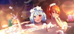 Rule 34 | + +, 2girls, bath, blue eyes, blue hair, blurry, blurry background, blush, breasts, bubble bath, candle, christmas tree, closed mouth, collarbone, commentary request, foam, garland (decoration), hair between eyes, hand on own face, hand up, hands up, heterochromia, highres, indoors, large breasts, looking at another, looking up, multiple girls, nnyara, open mouth, red eyes, red hair, sekibanki, short hair, sidelocks, sitting, smile, sparkle, star (symbol), tatara kogasa, touhou, window
