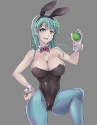 Rule 34 | 1girl, :3, :d, animal ears, aqua eyes, aqua hair, bare arms, bare shoulders, black leotard, blue eyes, blue hair, blue pantyhose, blush, bow, bowtie, breasts, bulma, cleavage, collarbone, compass, cuffs, detached collar, dragon ball, dragon radar, dtcy, fake animal ears, female focus, grey background, hand on own hip, hand up, holding, knee up, large breasts, legs, leotard, lips, long hair, looking at viewer, matching hair/eyes, narrow waist, neck, open mouth, pantyhose, playboy bunny, rabbit ears, red bow, red bowtie, simple background, smile, solo, strapless, strapless leotard, thick thighs, thighs, wrist cuffs