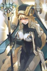 Rule 34 | 1girl, arm up, armored bodysuit, black robe, blonde hair, blue eyes, braid, breasts, detached wings, goddess of victory: nikke, highres, holding, holding weapon, large breasts, light, long hair, looking down, mechanical wings, nun, ra di sh, rapunzel (nikke), robe, solo, staff, standing, sunlight, veil, very long hair, weapon, wings
