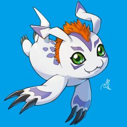 Rule 34 | :3, blue background, digimon, digimon (creature), digimon adventure, fangs, fangs out, full body, gomamon, green eyes, looking at viewer, no humans, peron (niki2ki884), signature, simple background