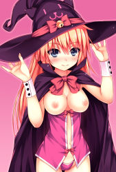 Rule 34 | 1girl, :3, bad id, bad pixiv id, bell, blonde hair, blue eyes, blush, bow, breasts, breasts out, cape, clothes pull, halloween, hat, hat bow, hat with ears, heart, heart-shaped pupils, highres, kitou kaitai, large breasts, midriff, navel, nipples, no bra, no pants, original, panties, pink panties, shirt pull, smile, solo, symbol-shaped pupils, underwear, witch hat, wrist cuffs