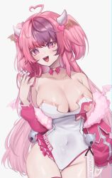 Rule 34 | 1girl, absurdres, ahoge, bow, bow choker, breasts, choker, cleavage, demon girl, demon horns, demon wings, fang, hair ornament, head wings, heart, heart ahoge, heart hair ornament, highres, horns, ironmouse, ironmouse (race queen), jacket, large breasts, leotard, long hair, multicolored hair, nail polish, open mouth, pink bow, pink choker, pink hair, pink jacket, pink nails, purple eyes, purple hair, race queen, skin fang, sky above me, smile, solo, streaked hair, twintails, virtual youtuber, vshojo, white leotard, wings